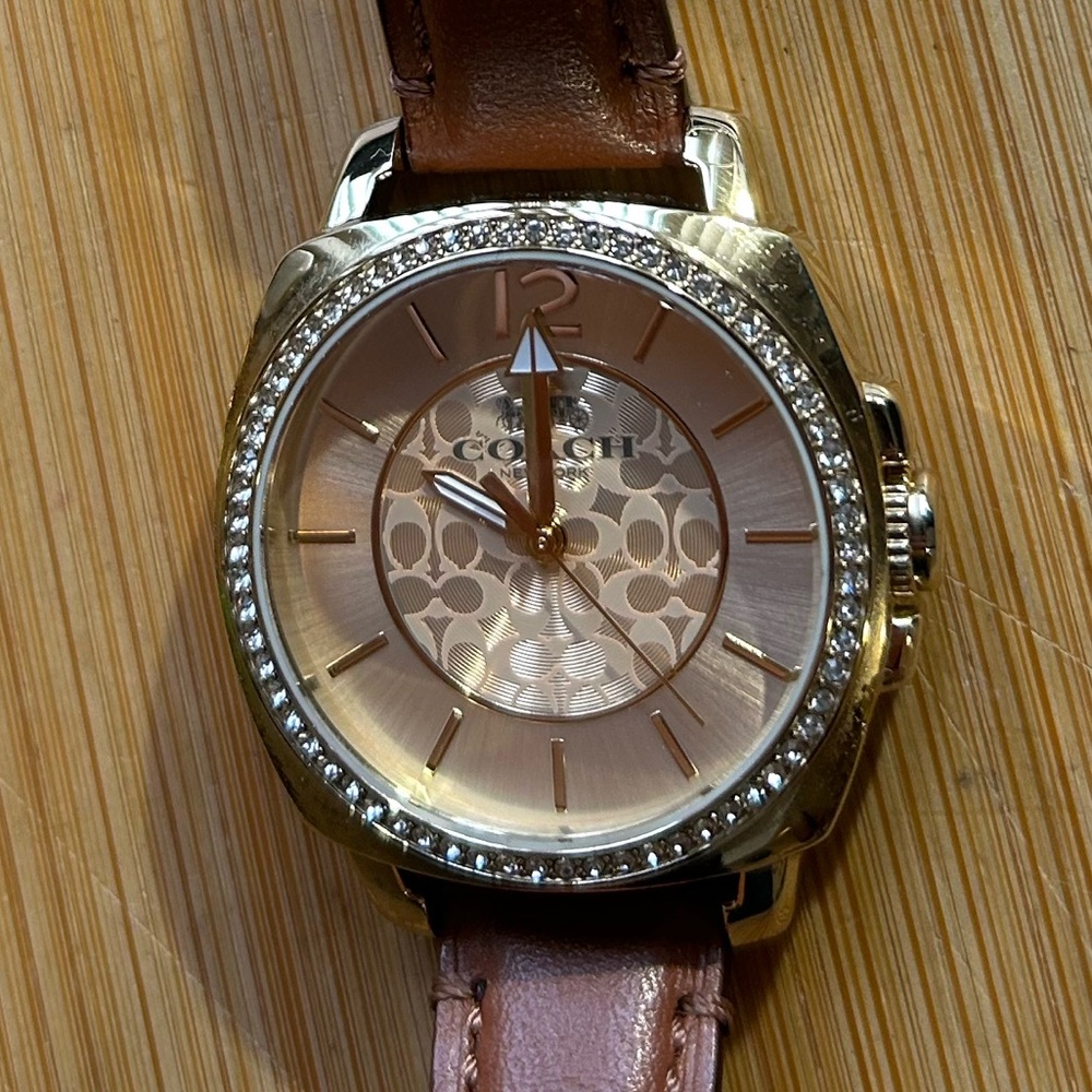 Coach Boyfriend Watch With 34m Golden Face & Brown Leather Band